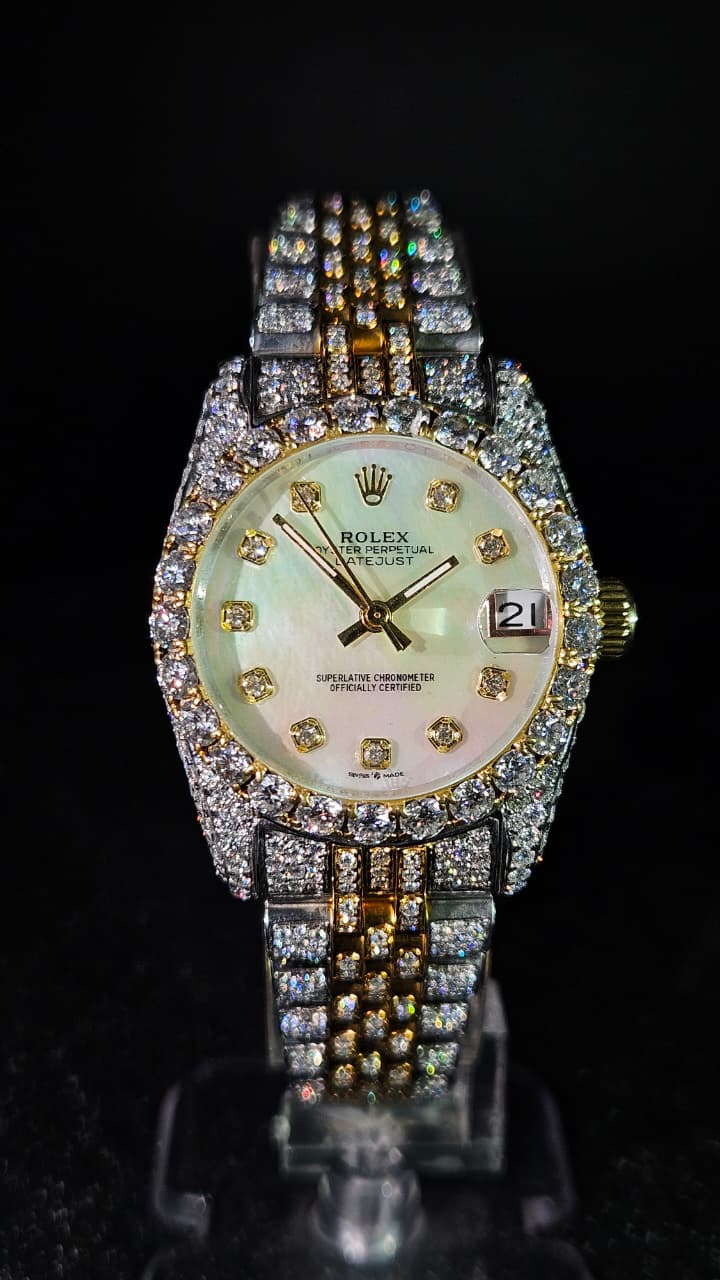 Rolex Datejust Full Iced Out Yellow Gold & White Mother-of-pearl Dial Jubilee Automatic