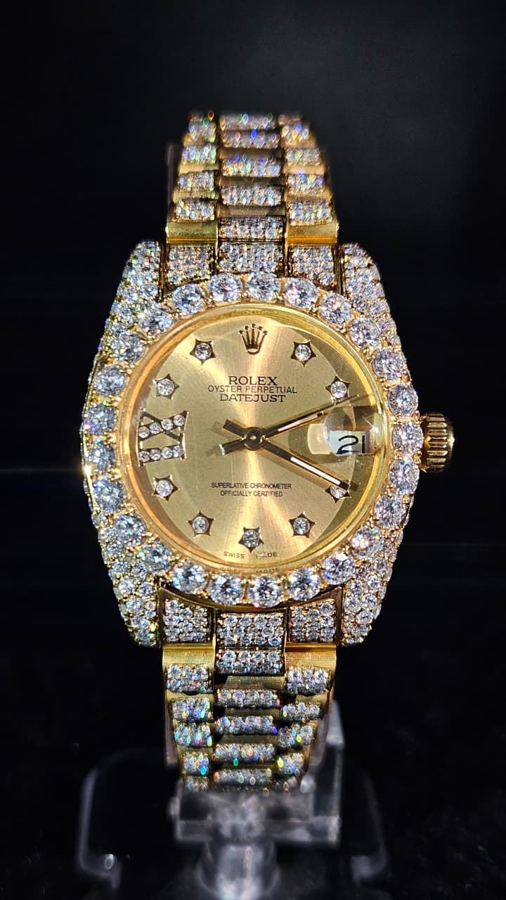 Rolex Datejust Full Iced Out Yellow Gold Yellow Dial Jubilee Automatic