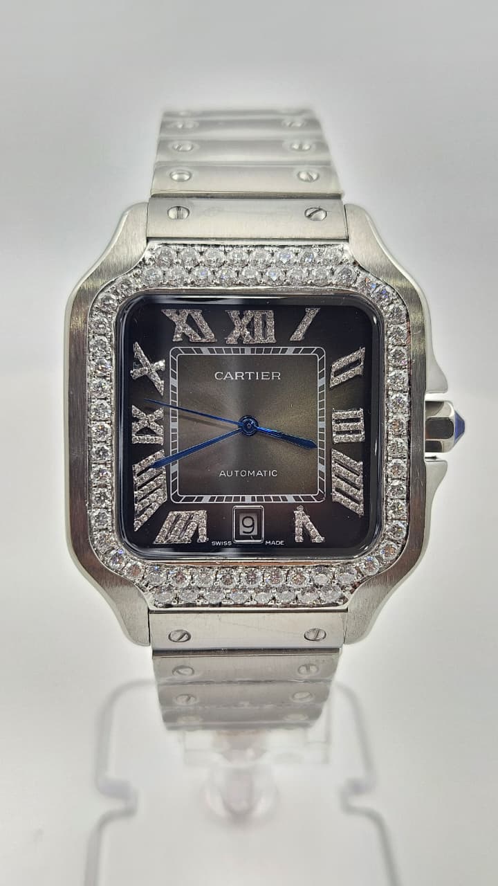 Cartier Santos Iced Bezel Silver Brown Dial Automatic