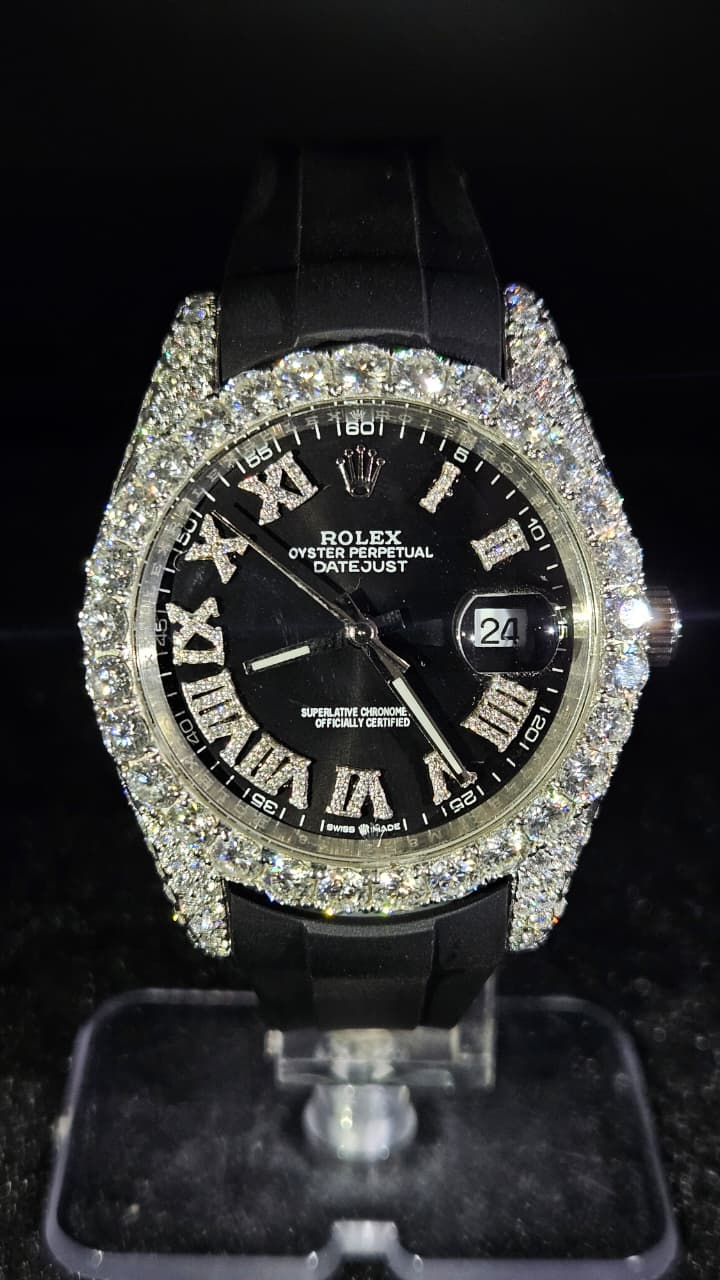 Rolex Black Rubber Band Datejust Iced Out Black Roman Dial Automatic