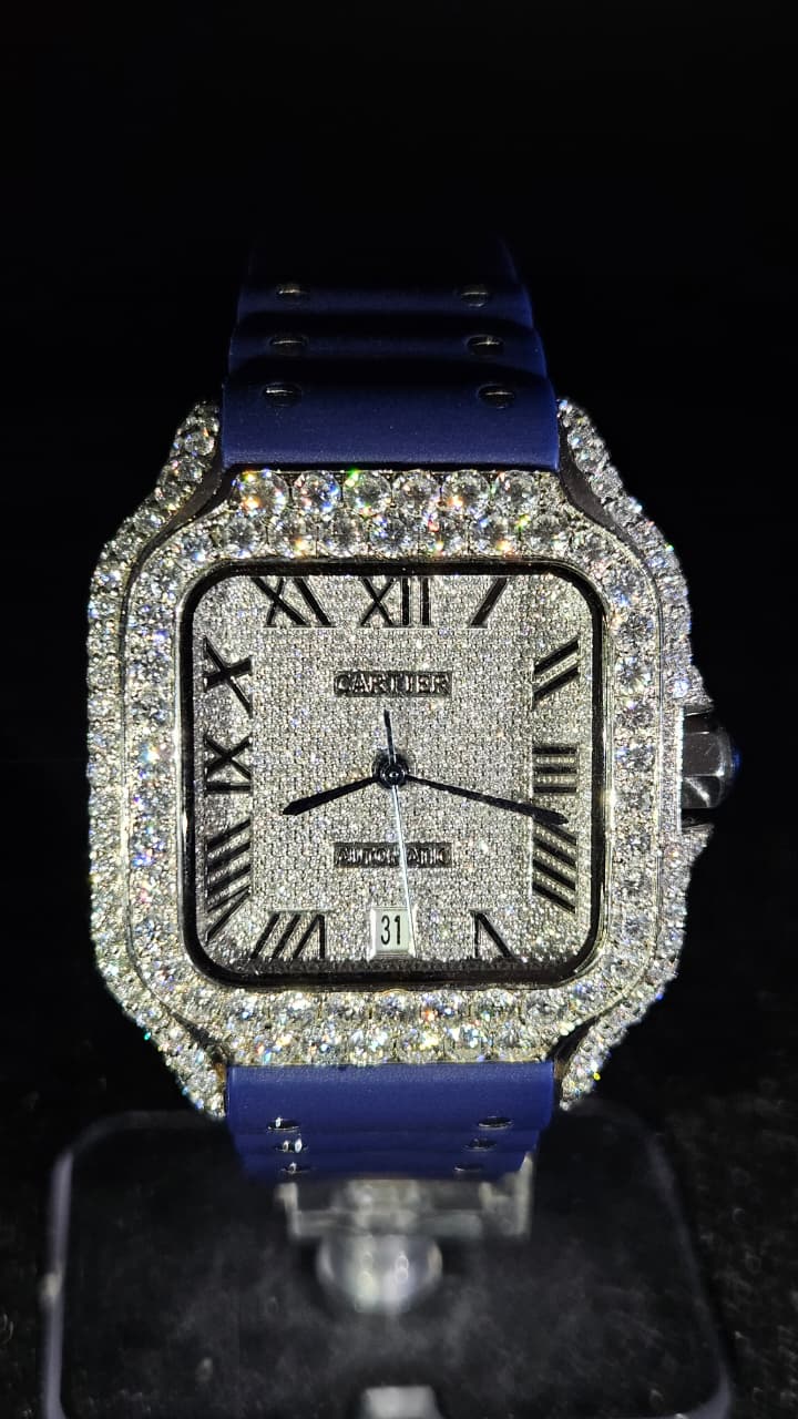 Cartier Blue Rubber Band Full Iced Out White Roman Dial Automatic