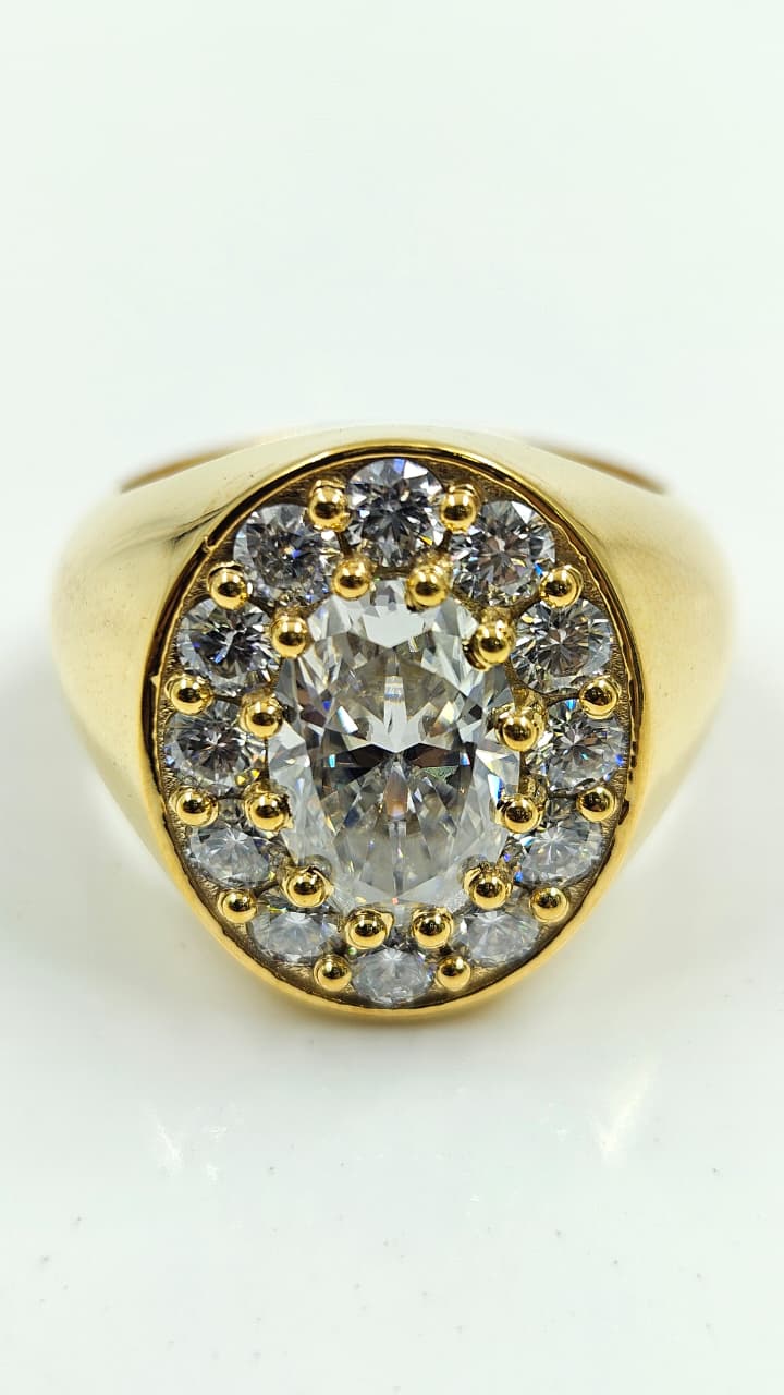 Bold Oval Diamond Halo Silver Signet Ring