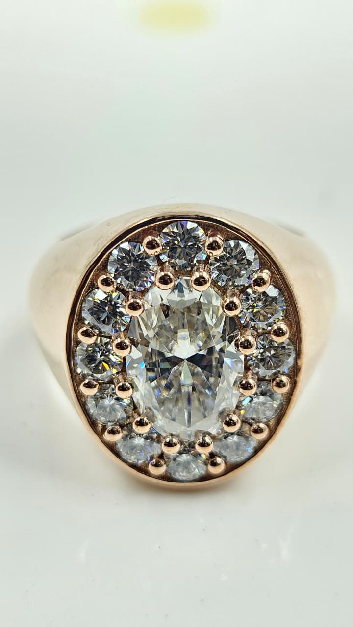 Bold Oval Diamond Halo Gold Signet Ring