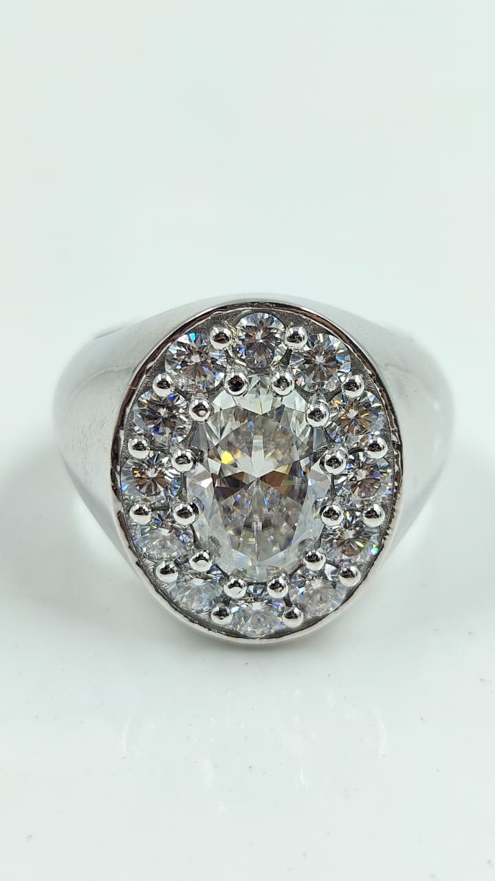 Bold Oval Diamond Halo Silver Signet Ring