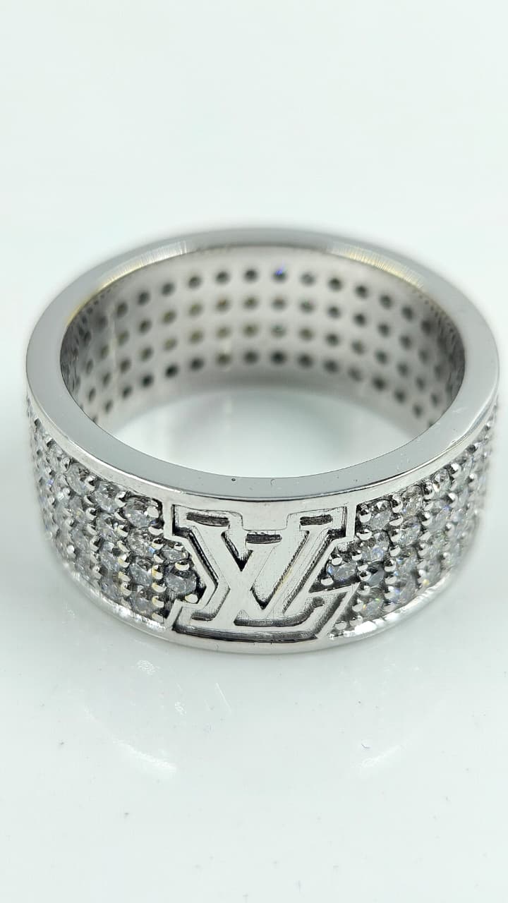 Designer Style Silver White Gold Diamond Pavé Monogram Band
