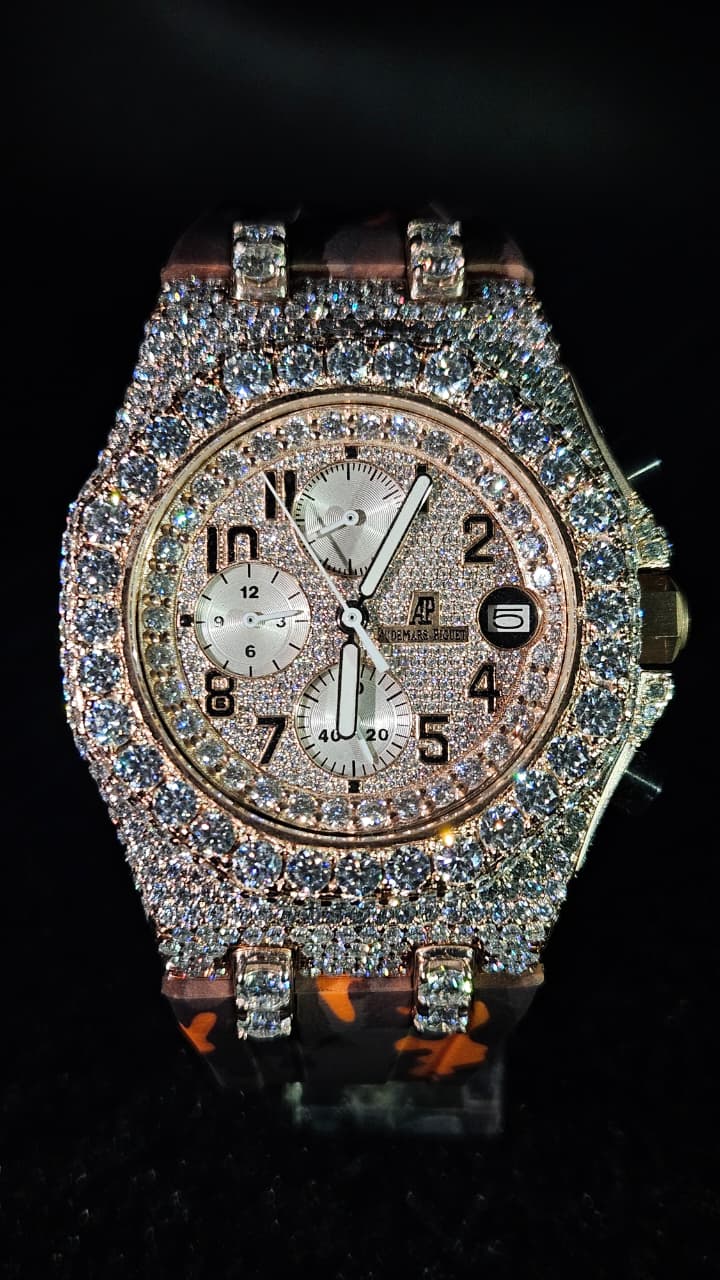 Audemars Piguet chronograph Orange rubber strap Full Iced Out Rose Gold & White Numerical Dial Automatic