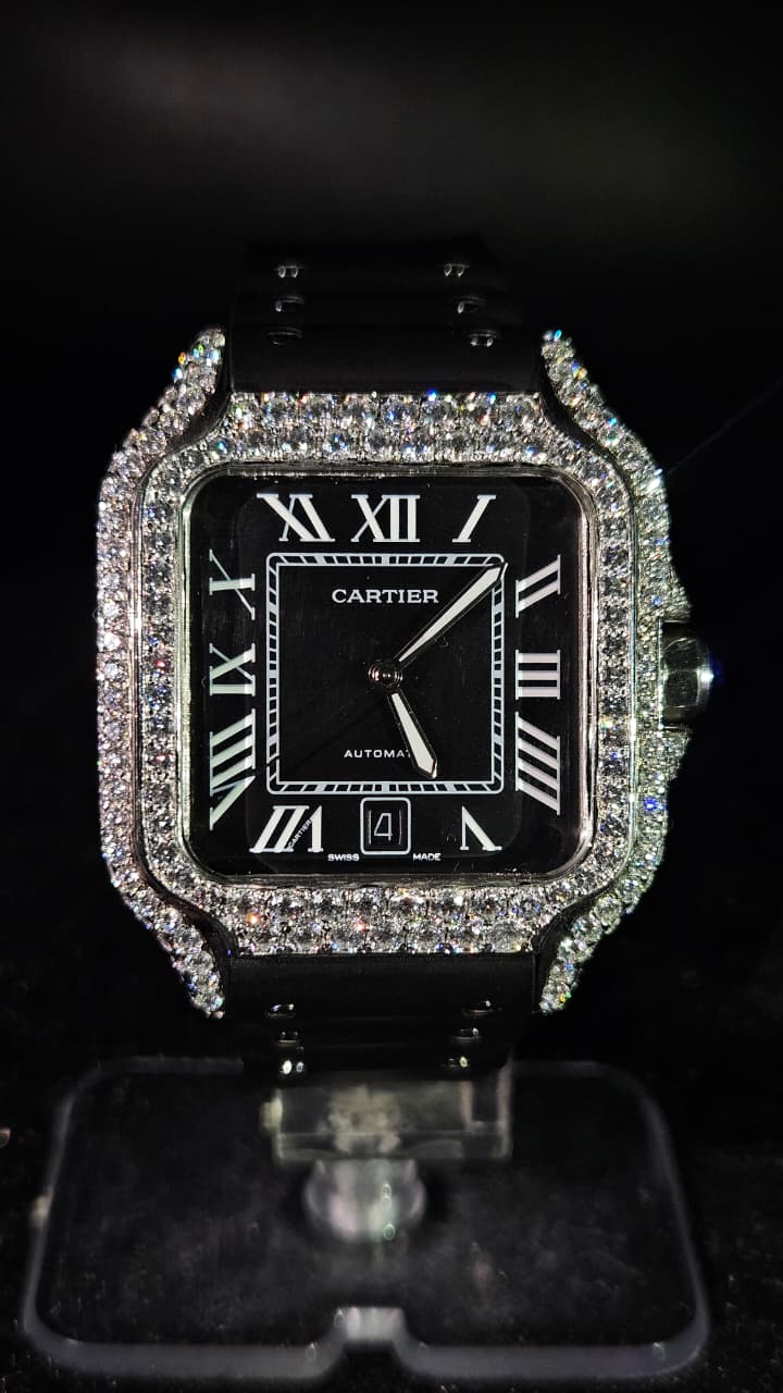 Cartier Black Rubber Band Iced Out White Roman Dial Automatic