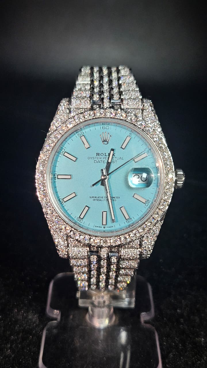 Rolex Datejust Full Iced Out White Blue Dial Jubilee Automatic
