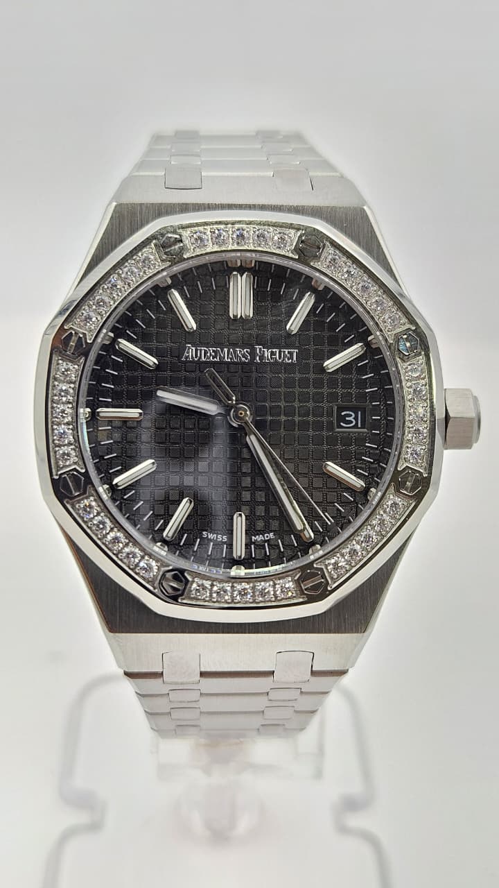 Audemars Piguet Royal Oak Silver Black Dial Iced Bezel Automatic