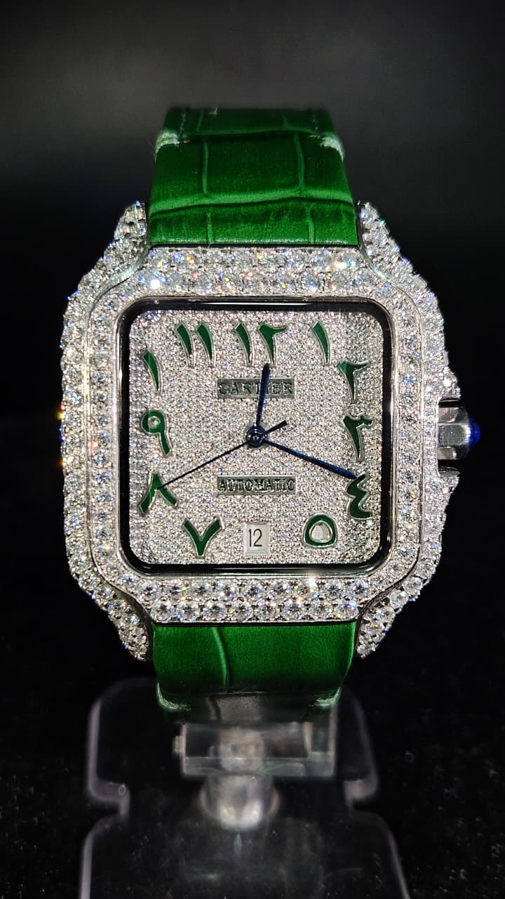 Cartier Green Leather Band Full Iced Out White Arabic Dial Automatic
