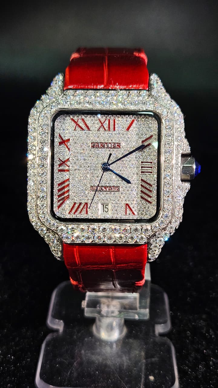 Cartier Red Leather Band Full Iced Out White Roman Dial Automatic