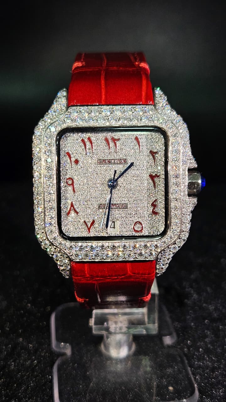 Cartier Red Leather Band Full Iced Out White Arabic Dial Automatic