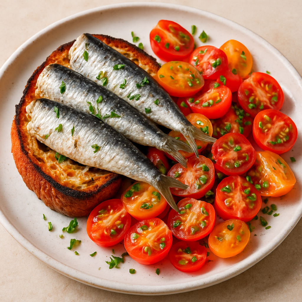 Sardiner på toast med tomatsallad - Recept med ingredienser och tillagningsinstruktioner