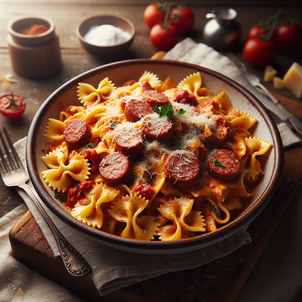 Pasta med italiensk korv och fjärilspasta - Recept med ingredienser och tillagningsinstruktioner