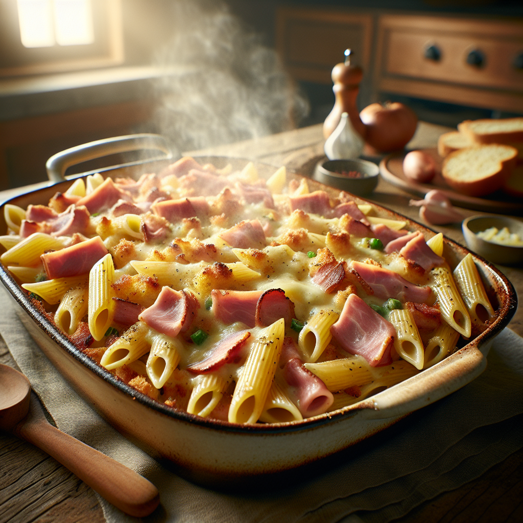 Skinka och Schweizisk Bakt Penne - Recept med ingredienser och tillagningsinstruktioner