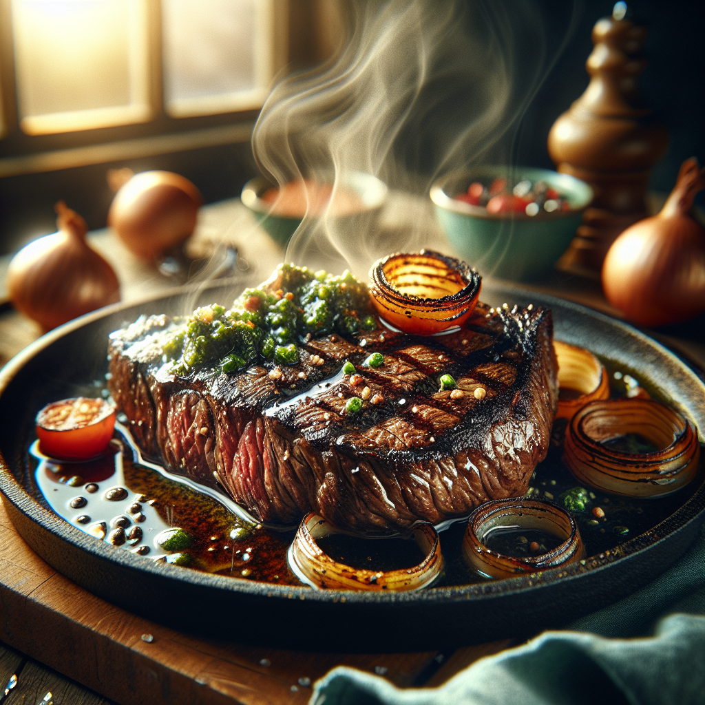 Grillad nötköttsflankstek med lökmarinad - Recept med ingredienser och tillagningsinstruktioner