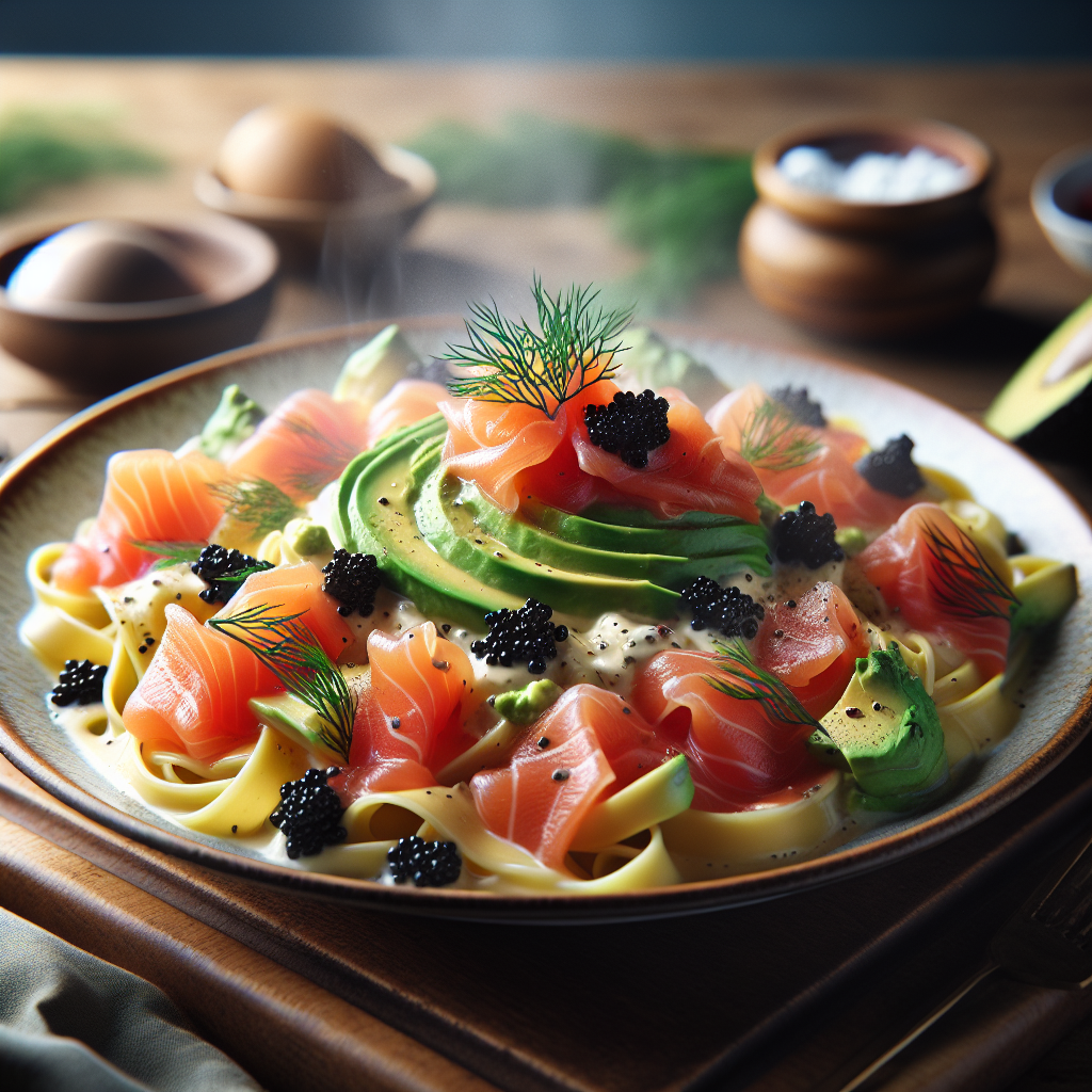 Pasta med varmrökt lax, avokado och svart rom