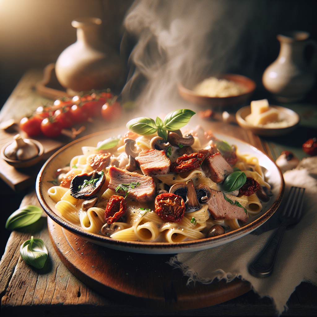 Pasta med fläskfilé och krämiga medelhavssmaker - Recept med ingredienser och tillagningsinstruktioner