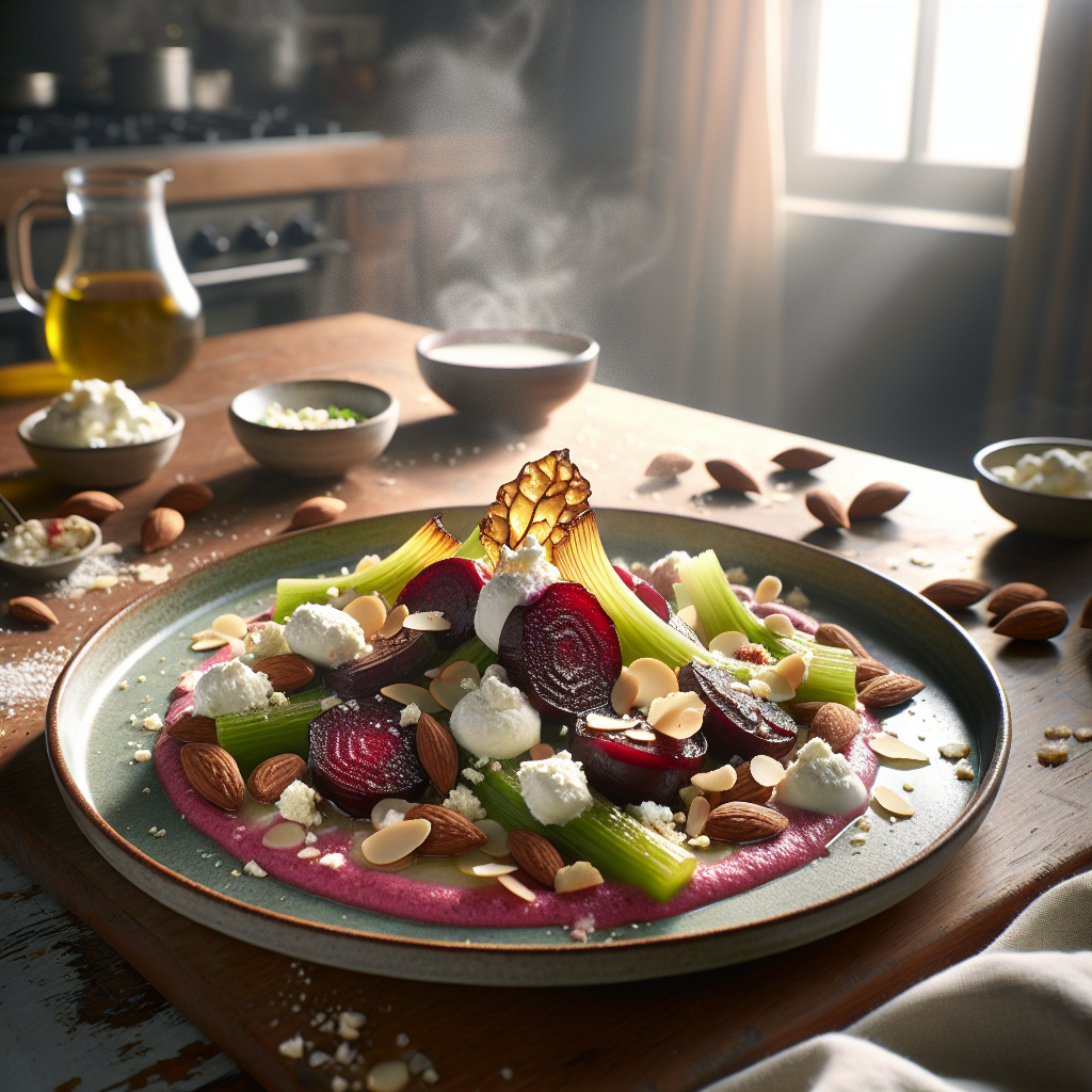 Ugnsbakad rödbeta med rotselleripuré, getost och mandel - Recept med ingredienser och tillagningsinstruktioner