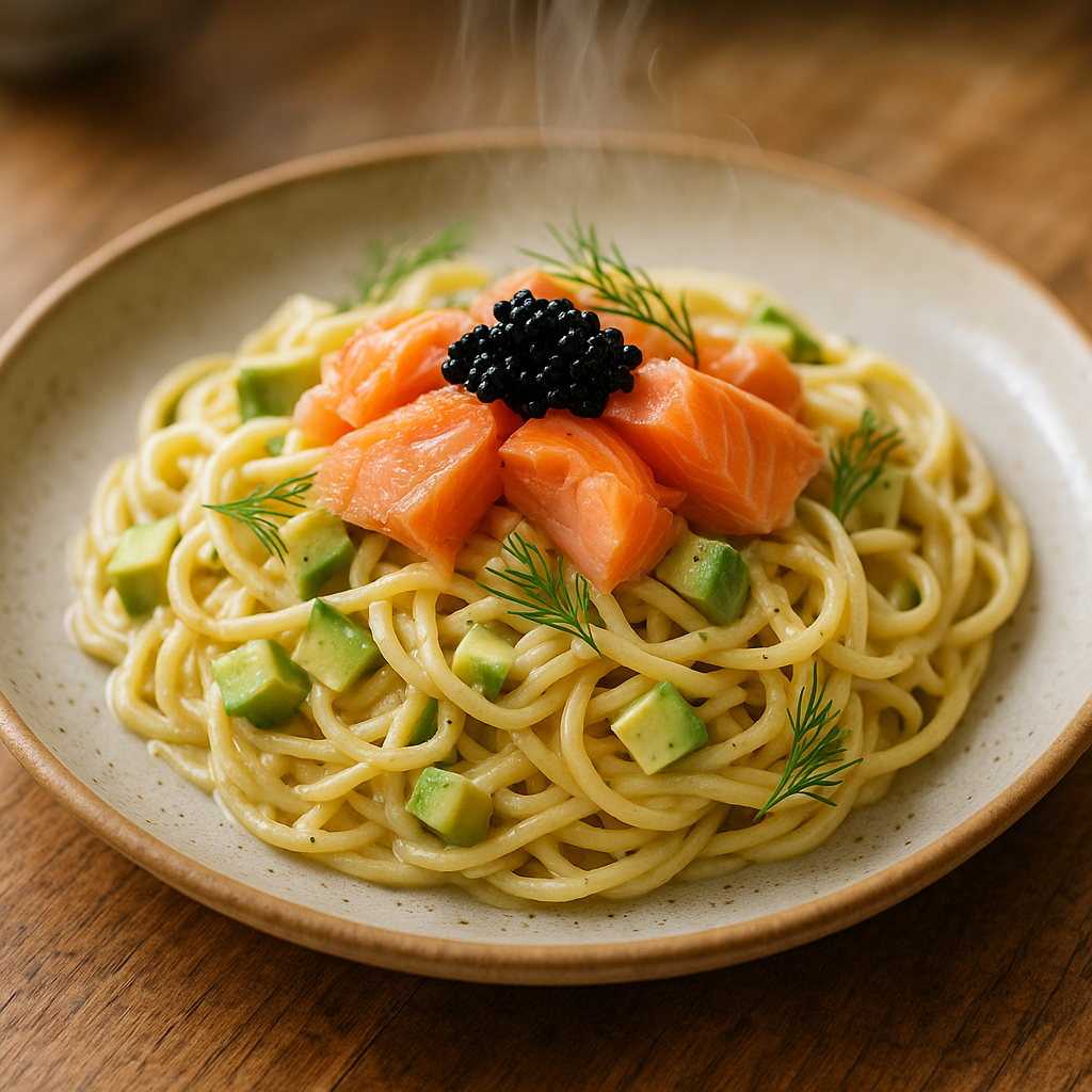Pasta med varmrökt lax, avokado och svart rom - Recept med ingredienser och tillagningsinstruktioner