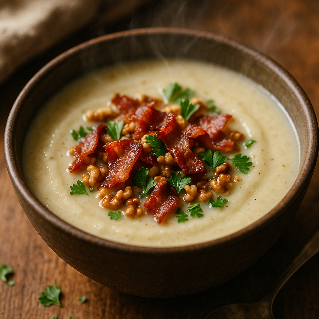 Blomkålssoppa med knaperstekt bacon