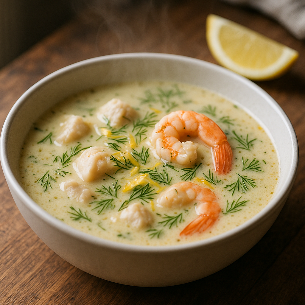 Krämig fisksoppa med räkor, dill och citron - Recept med ingredienser och tillagningsinstruktioner