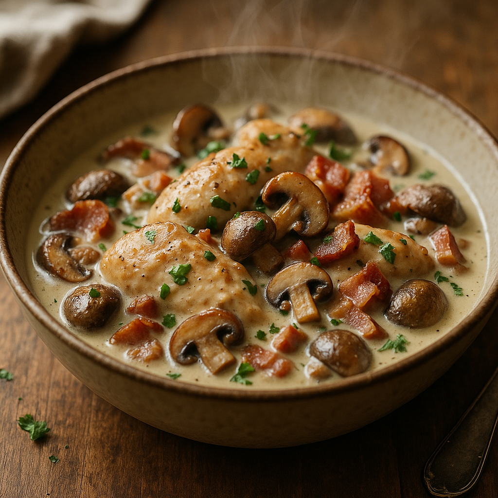 Krämig kycklinggryta med svamp och bacon - Recept med ingredienser och tillagningsinstruktioner