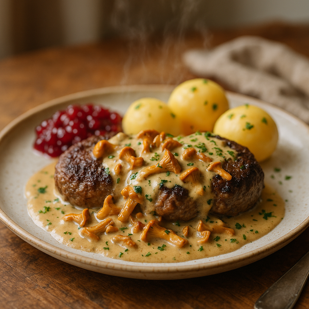 Älgfärsbiffar med gräddig kantarellsås - Recept med ingredienser och tillagningsinstruktioner