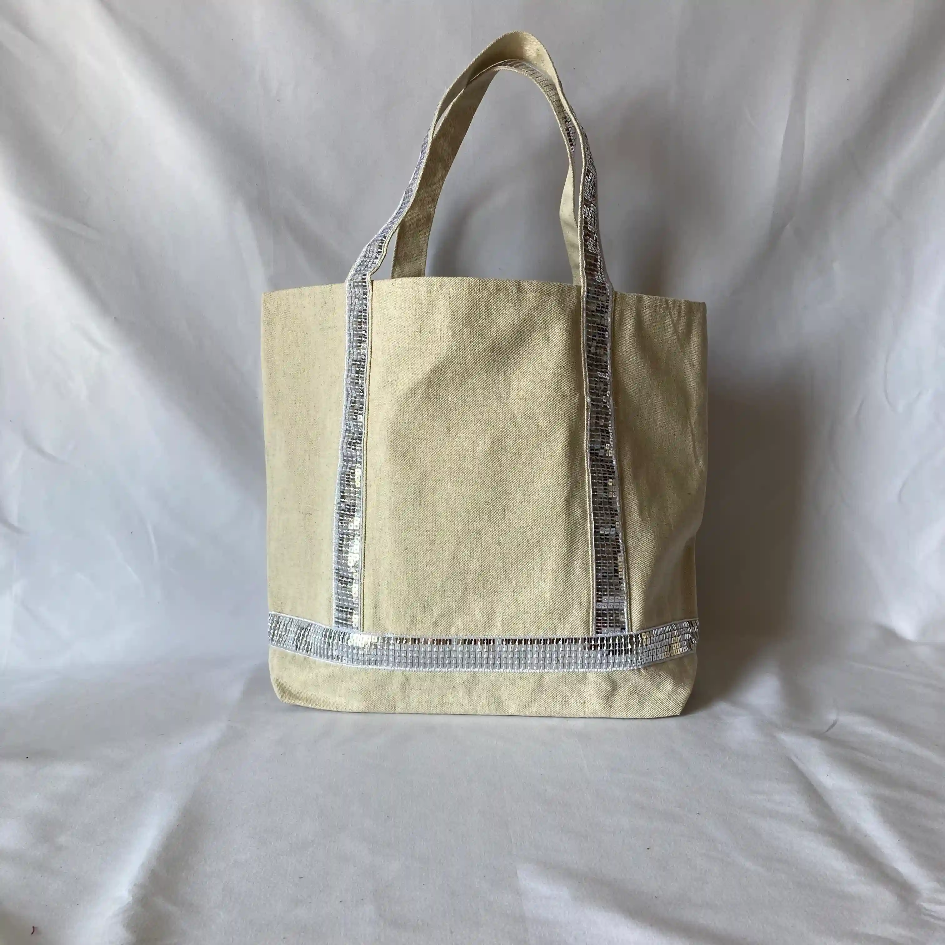 Ensemble cabas et trousse Lin et sequins argent