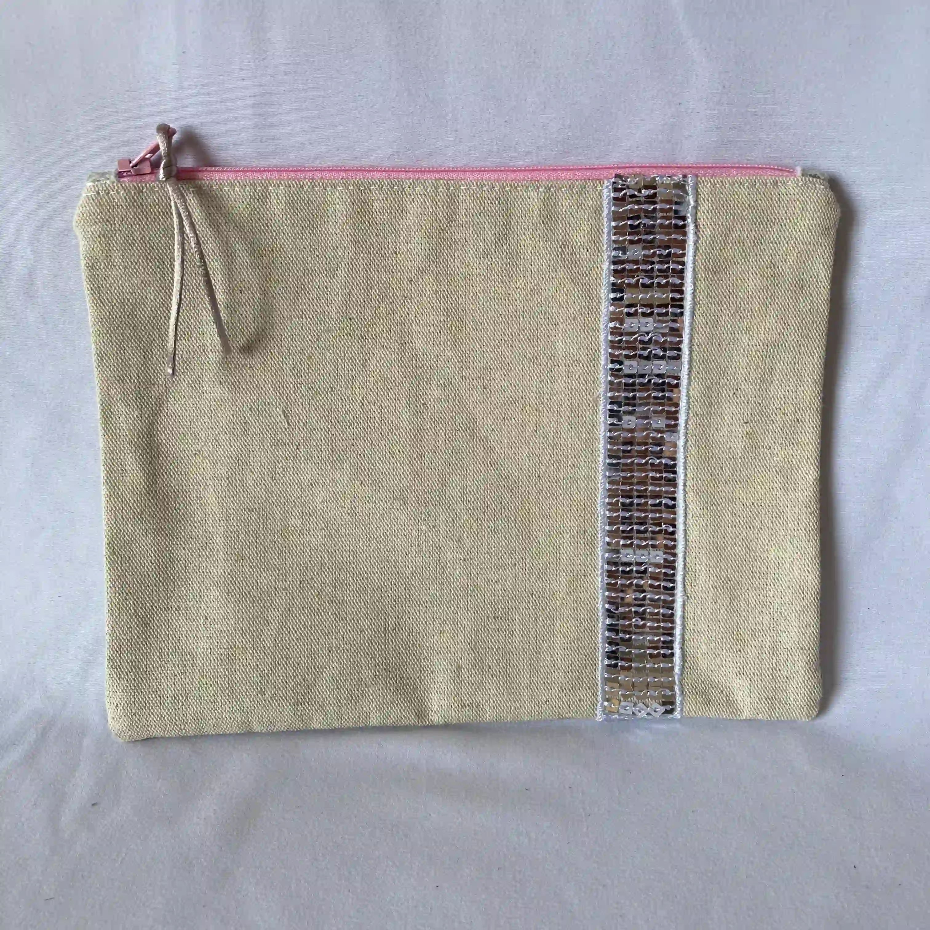 Ensemble cabas et trousse Lin et sequins argent 3