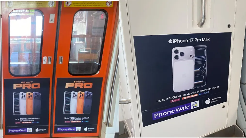 Exterior metro door panels carrying the iPhone offer at the platform