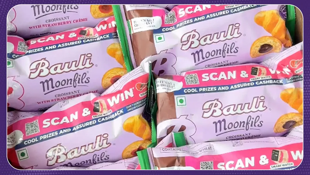Bauli Moonfils croissant packs carrying the scan and win QR promotion on the front panel