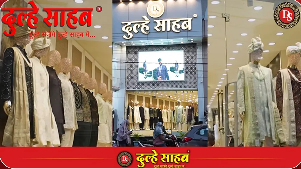 Dulhe Sahab store facade with LED screen and dressed window displays