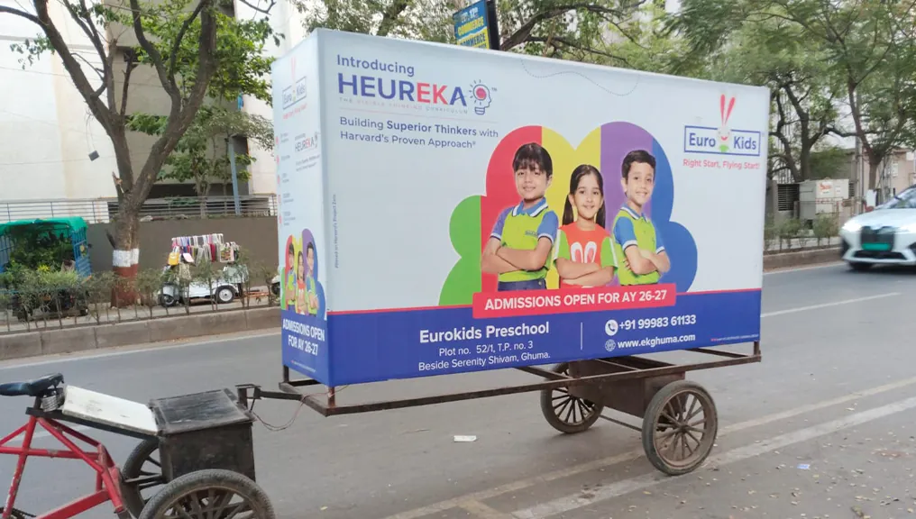 EuroKids branded mobile cart in the residential lanes at Ghuma, Ahmedabad