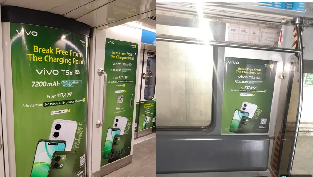 Vivo T5x branding on metro coach door panels with the Flipkart sale date