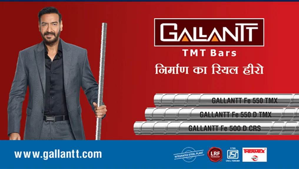 Gallantt TMT bars campaign creative with the celebrity endorser and the named grade range