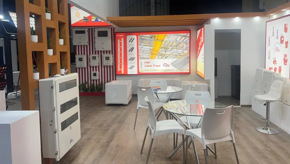 Interior of the IndoSMC stand showing the product displays and meeting area