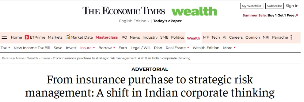 JB Boda branded feature on The Economic Times about strategic risk management