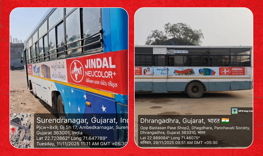 Jindal branded buses at Surendranagar and Dhrangadhra with location stamped photographs