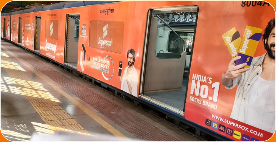 Supersox full exterior wrap on a Western Railway local train at the platform