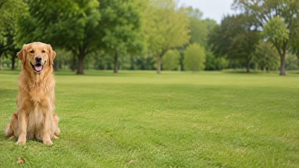 Golden retriever sitting on grass in a park