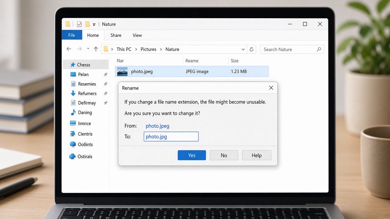 Renaming a photo file from photo.jpeg to photo.jpg in a file window