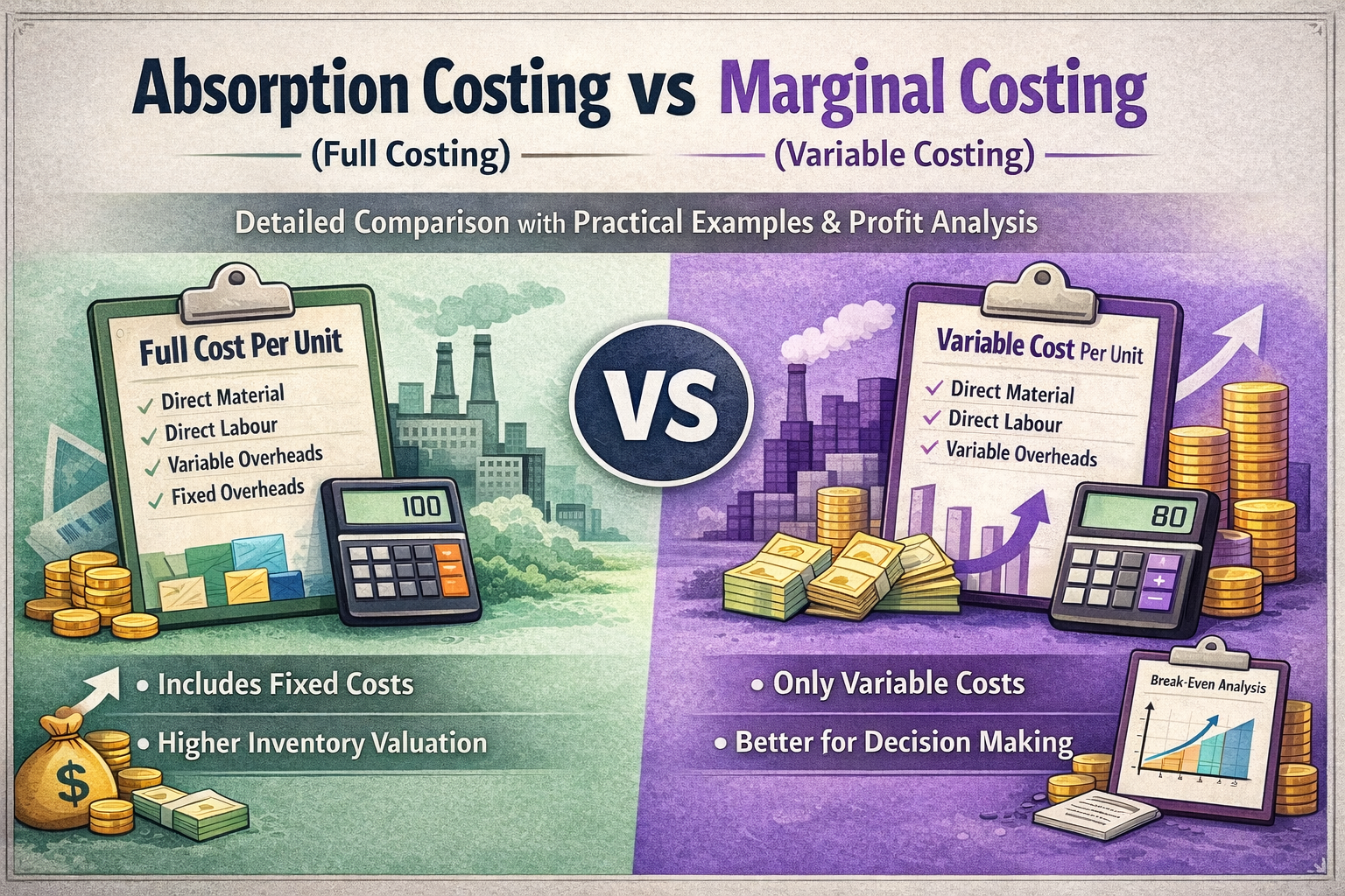 Absorption Costing vs Marginal Costing - Break-Even, Inventory & Profit Analysis