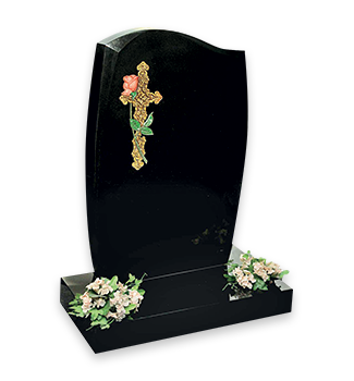 Dense Black memorial with a finely carved cross and rose enhanced and highlighted by paint effect