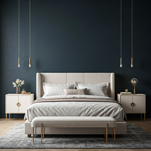 Luxurious velvet upholstered bed with high headboard and linen bedding