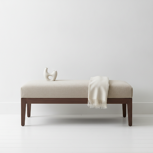 Cream boucle upholstered bench with gilded gold steel frame for bed end