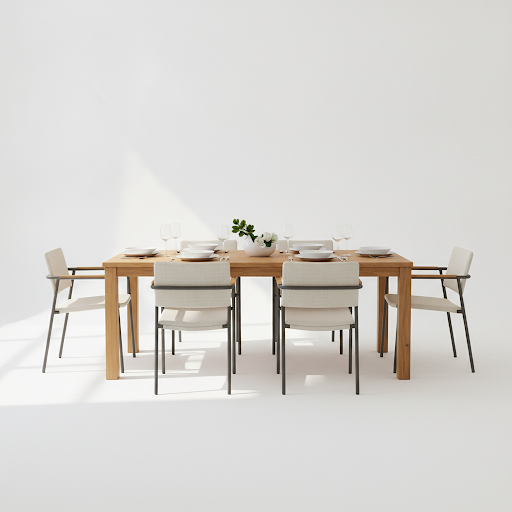 Modern solid teak dining table and chairs on a wood deck