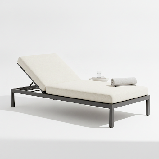 Teak sun lounger with white cushion by an infinity pool
