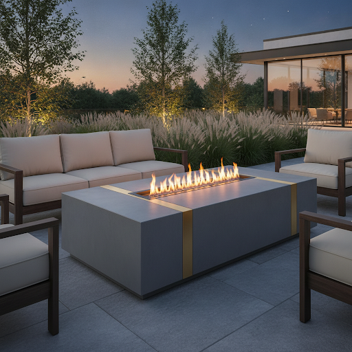 Minimalist concrete circular fire pit with seating around it
